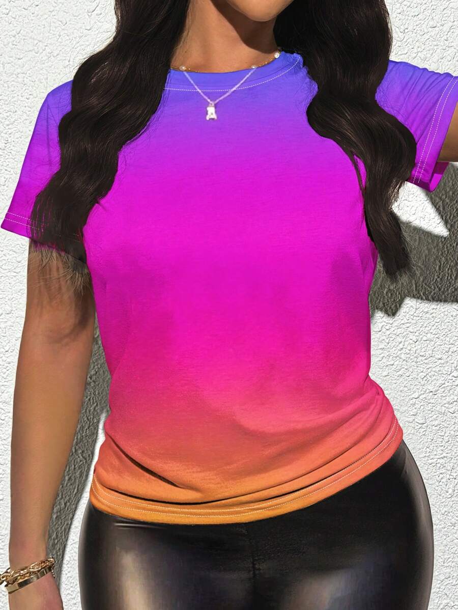 INAWLY Summer Creative Ombre Print Form-Fitting Women T-Shirt