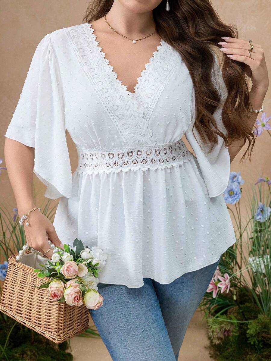 Sunnyshic Camisa larga minimalista y elegante con escote en V y flecos, estilo francés casual, para mujer talla grande, para primavera/verano y vacaciones