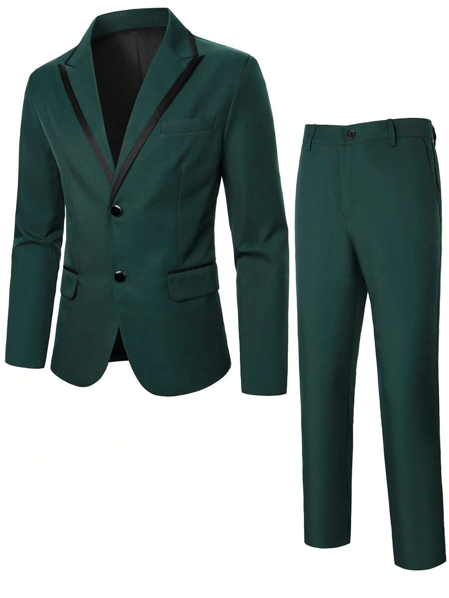 Manfinity Homme Men's Lapel Neck Long Sleeve Single Breasted Blazer And Pants Suit Set , Pants Suits For Men , Suits For Men Green