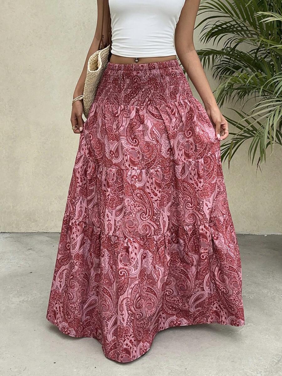 Flirla Women's Boho Print Long Skirt, Casual Vacation & Daily Wear, Spring/Summer