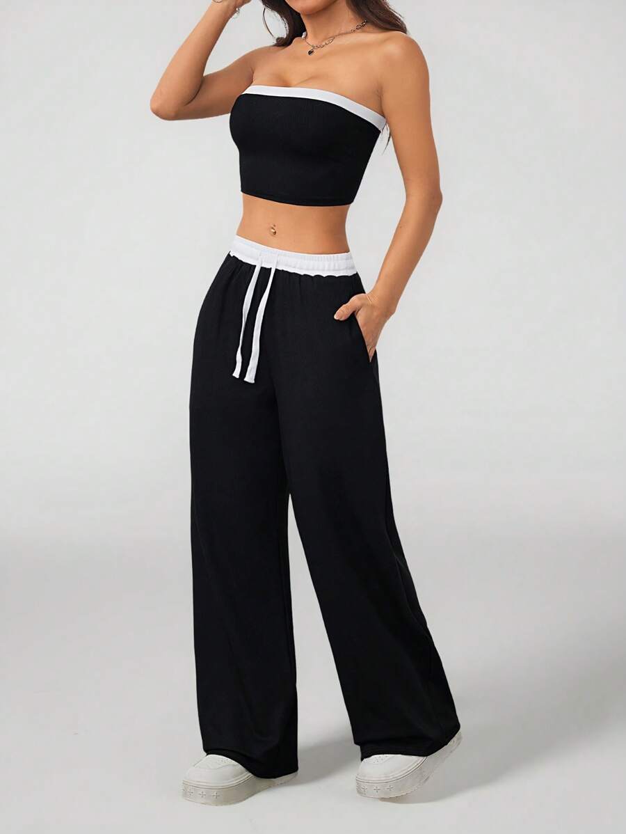 SHEIN PETITE Conjunto de dos piezas para mujer de verano: top tubo sexy de bloques de color + pantalones de cintura alta con cordones