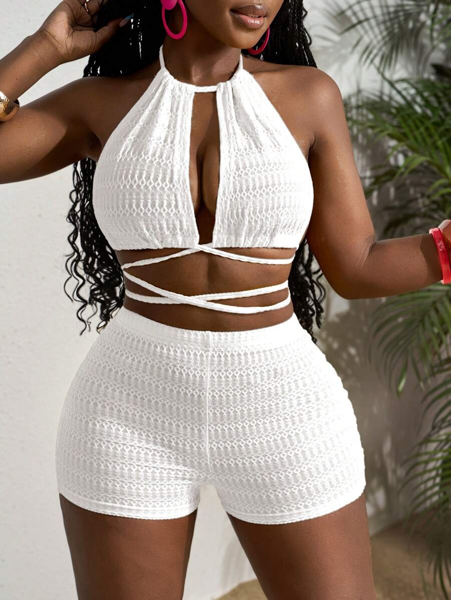 Slaydiva Beach Outfits For Woman New Spring And Summer Casual Holiday Halter Neck Strapless Backless Chest Cross Strap Short Vest + Slim Super Mini Shorts Yellow Wavy Texture Fabric See-Through Women's Two Pieces Set Island Vacation Outfits