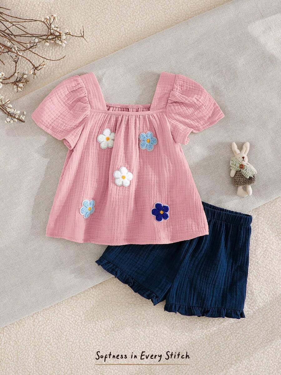 Cozy Pixies 2pcs/Set Toddler Girls Floral Embroidery Collar Bubble Sleeve Top And Elastic Waist Pants