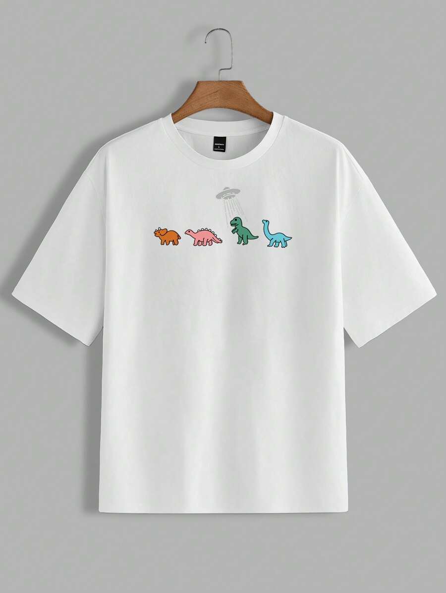 Manfinity VCAY Camiseta de manga corta casual de punto holgada con estampado de dinosaurio para hombres, adecuada para uso diario en verano