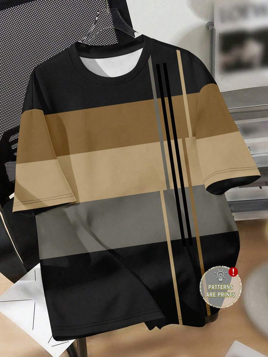 SHEIN Camiseta de manga corta de cuello redondo de corte holgado con patrón de rayas minimalista casual para adolescentes, apropiada para pull-over de verano