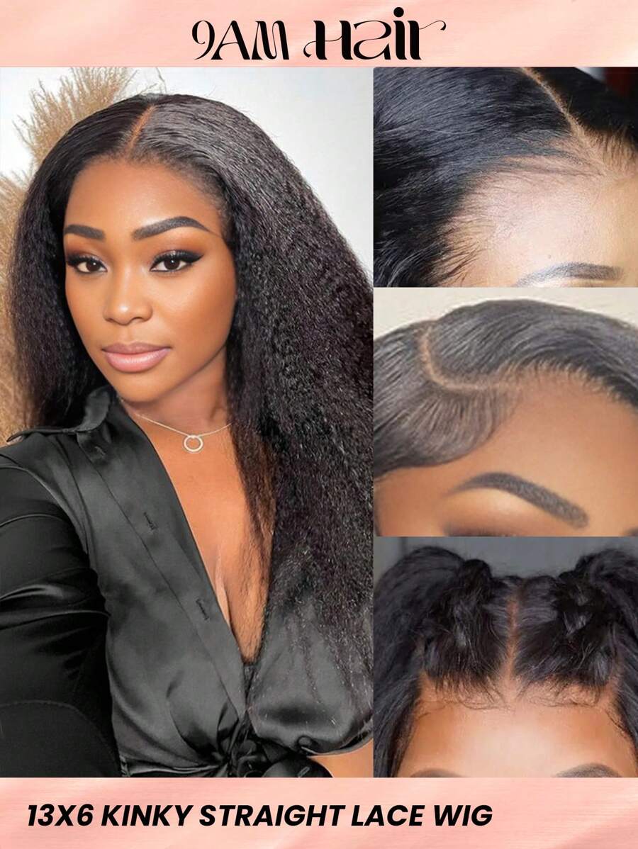 13x6 Kinky Recht Kanten Voorkant Menselijk haar Lijmloze pruiken 180% dichtheid Yaki Rechte Transparante Kanten Pruik Echt haar pruiken voor vrouwen Voorgeplukt Braziliaans Maagd haar Natuurlijke Kleur