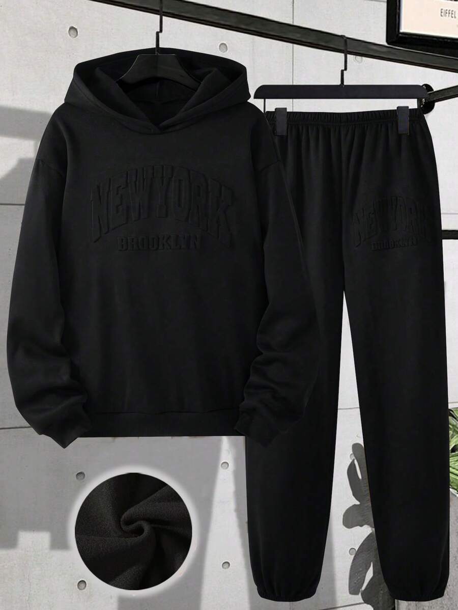 2 pièces Ensemble sweat-shirt à capuche et pantalon Brooklyn avec impression de lettre épaissi, pour garçons adolescents
