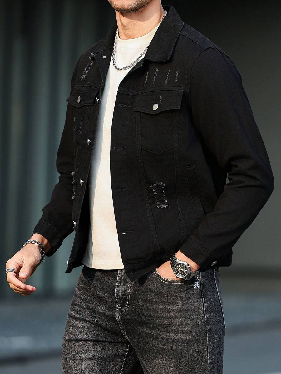 Manfinity LEGND Chaqueta de jean de manga larga con un solo pecho y bordes deshilachados para hombres de talla grande