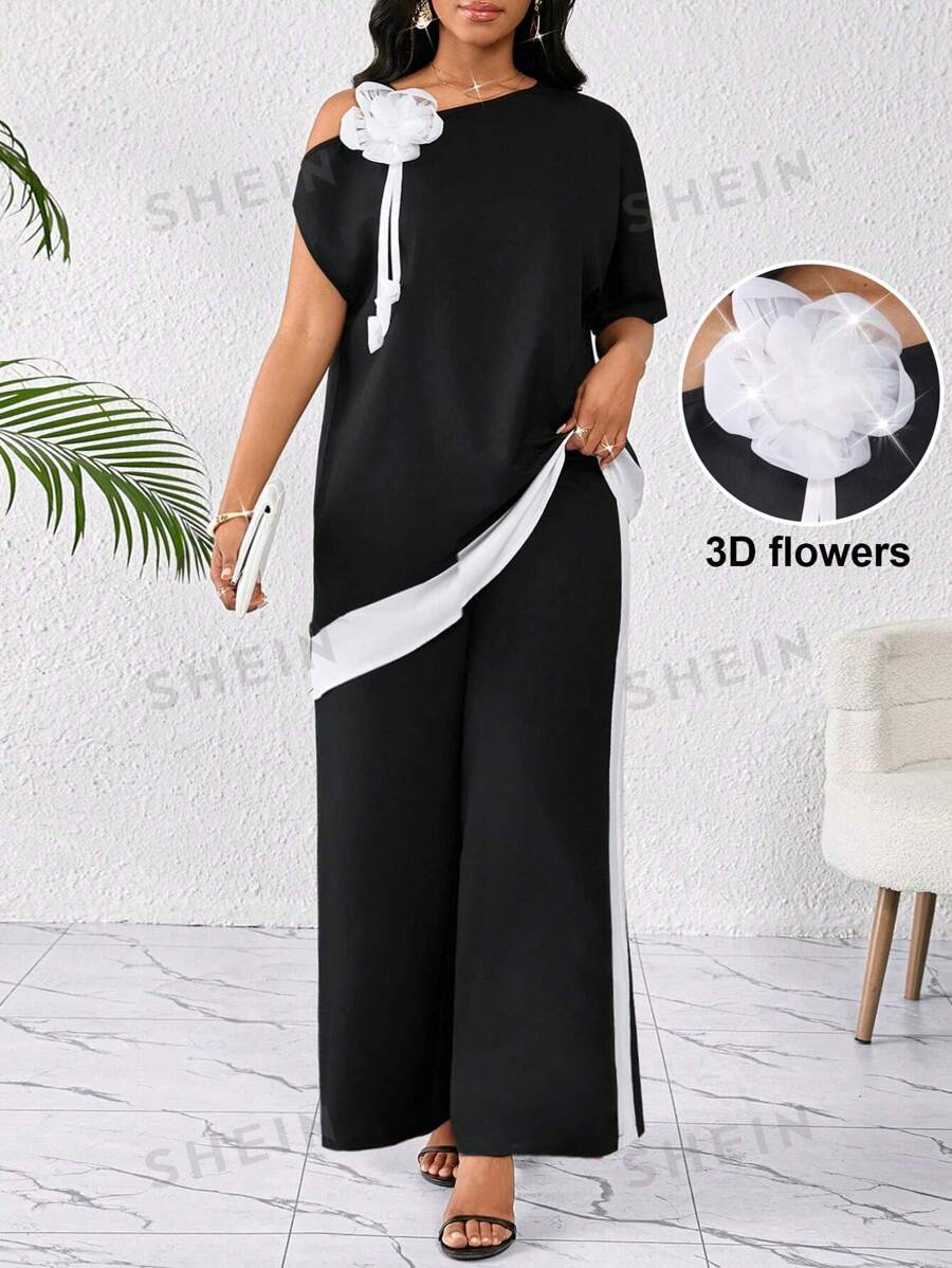 SHEIN Lady Conjunto de dos piezas para mujer con diseño asimétrico con hombros cortados y estampado floral tridimensional elegante en blanco y negro, apto para bodas, cumpleaños, vacaciones y eventos de verano
