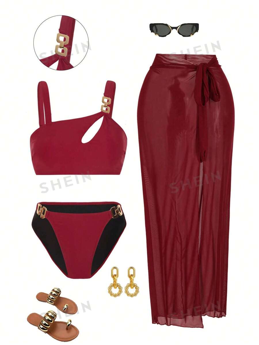 Swim Oasis Conjunto de bikini burdeos de talla grande para mujer con decoración de metal en estilo recortado y sexy, combinado con una falda larga tipo pareo, adecuado para usar en la playa o en resort