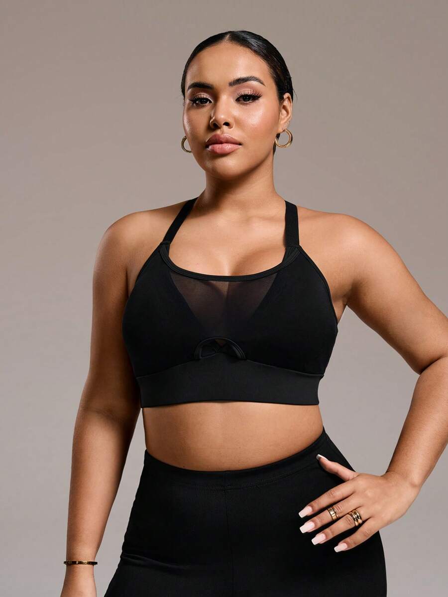 SHEIN Sport Studio Reggiseno sportivo da donna, taglia plus size, con dettagli in rete, toppe, spalline incrociate staccabili e imbottitura, adatto per primavera/estate