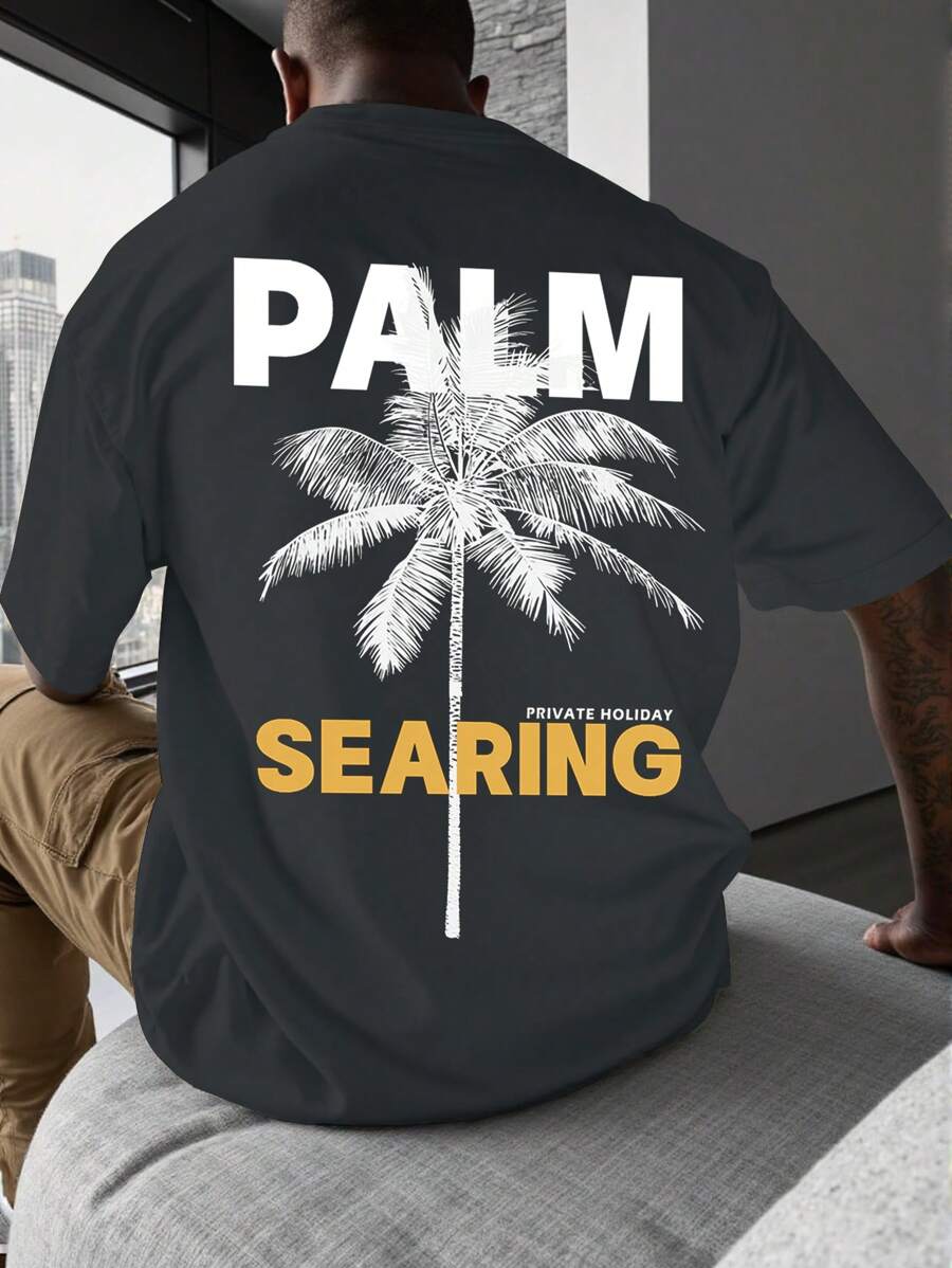 Manfinity RSRT Camiseta de manga corta casual para hombres con estampado de letra tropical de palma, para salir, regalo para el novio
