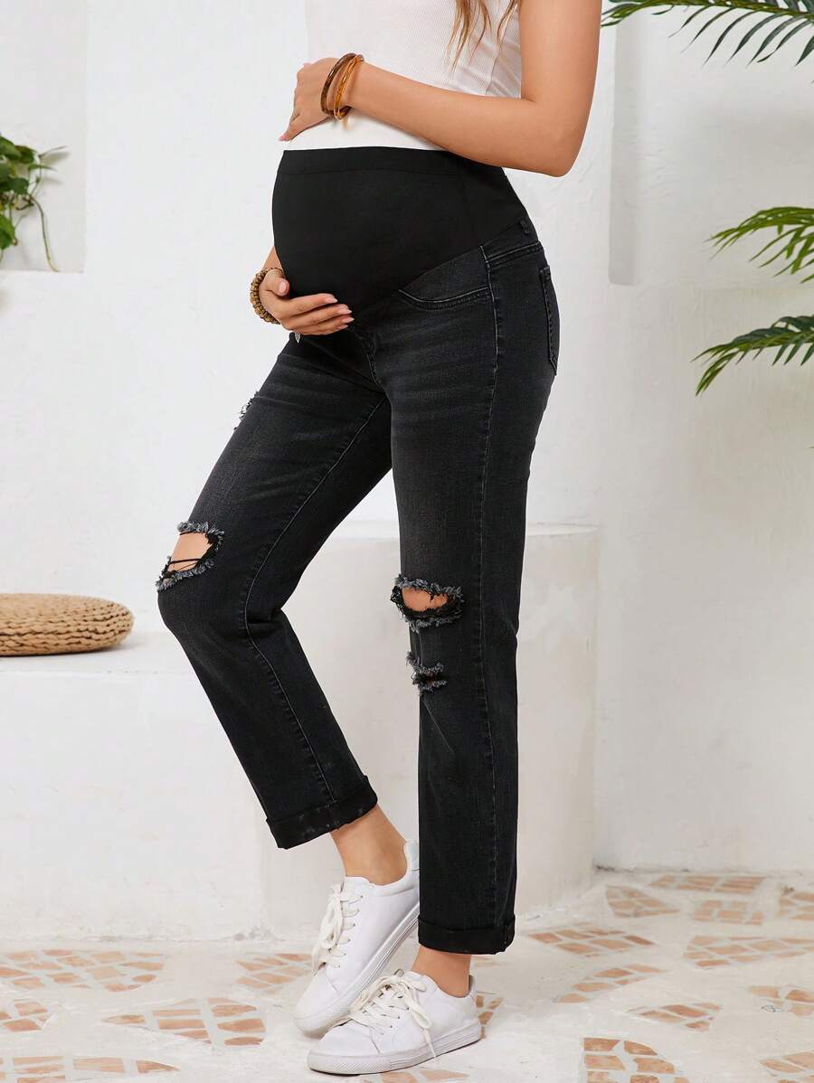 SHEIN Jeans in denim con gamba affusolata e effetto vissuto per gravidanza, casual