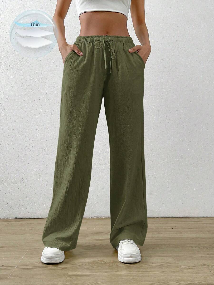 SHEIN EZwear Pantalones holgados de algodón y lino de albaricoque con cintura con cordón y bolsillos en diagonal