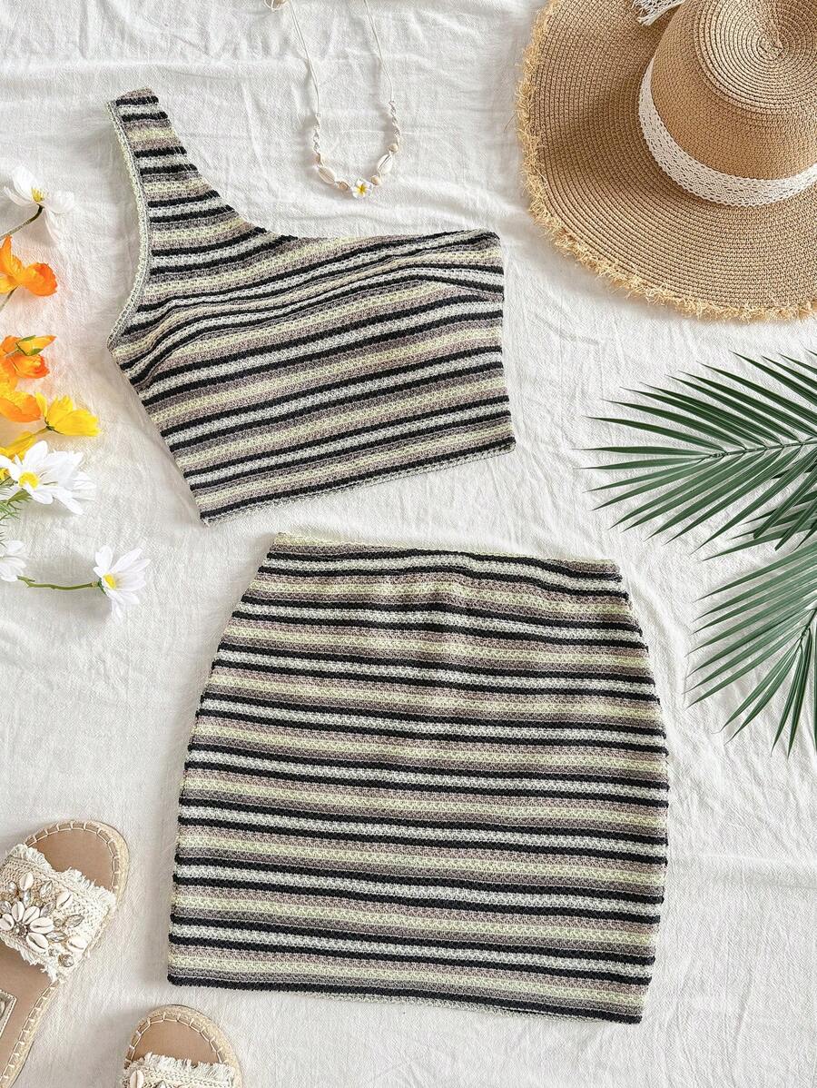 Soleia 2 pezzi/set nuovo top a una spalla a righe lavorato a maglia e gonna a vita bassa da vacanza