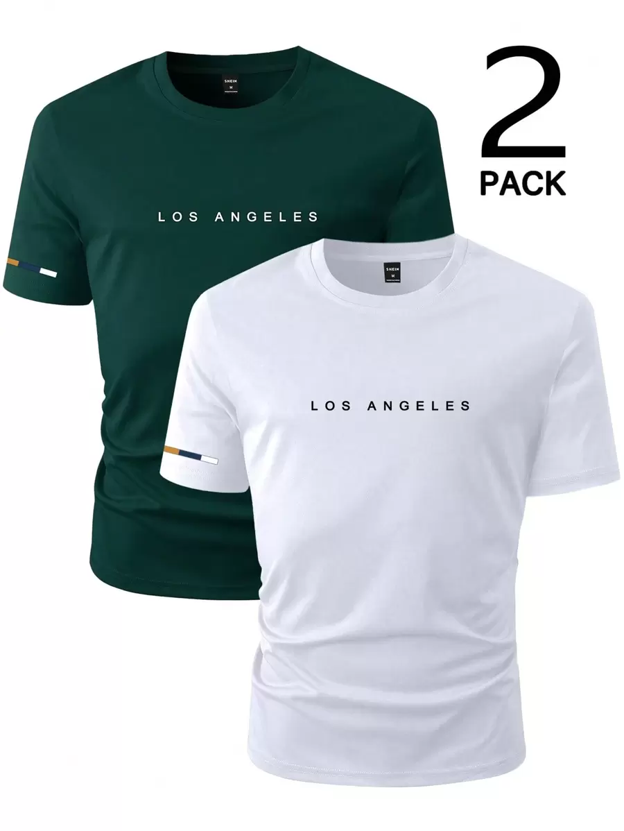 Manfinity Homme Camiseta de manga corta casual para hombres con estampado de la letra Los Ángeles, adecuada para uso diario, primavera y verano, para salir