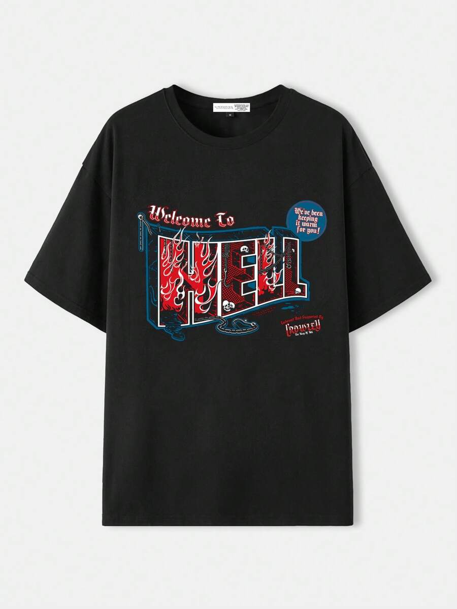 Supernatural X SHEIN T-shirt à col ras-du-cou à manches courtes pour hommes avec imprimé de lettre et de portrait