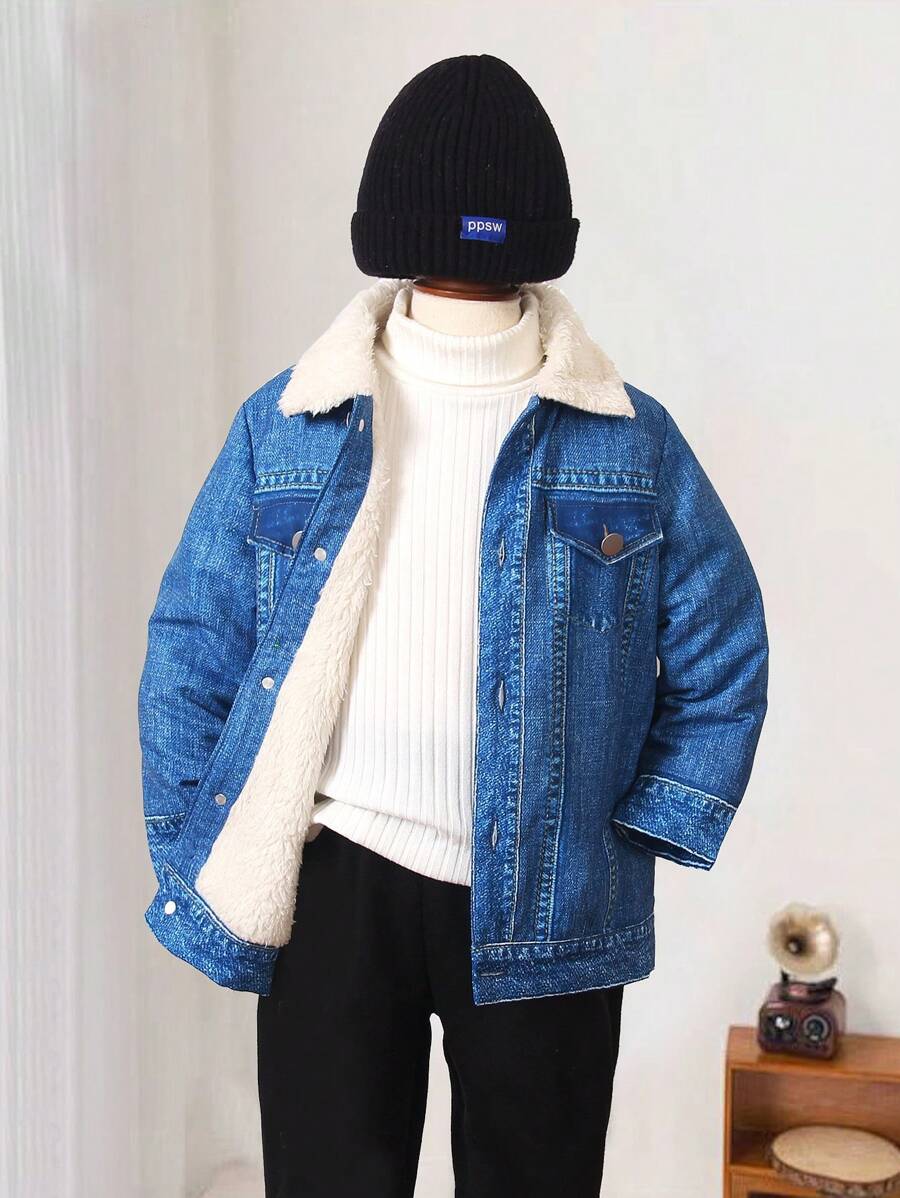 SHEIN 1 pieza Chaqueta de efecto denim con cuello forrado de lana térmica para niño, adecuada para otoño/invierno, uso al aire libre, calle y escuela