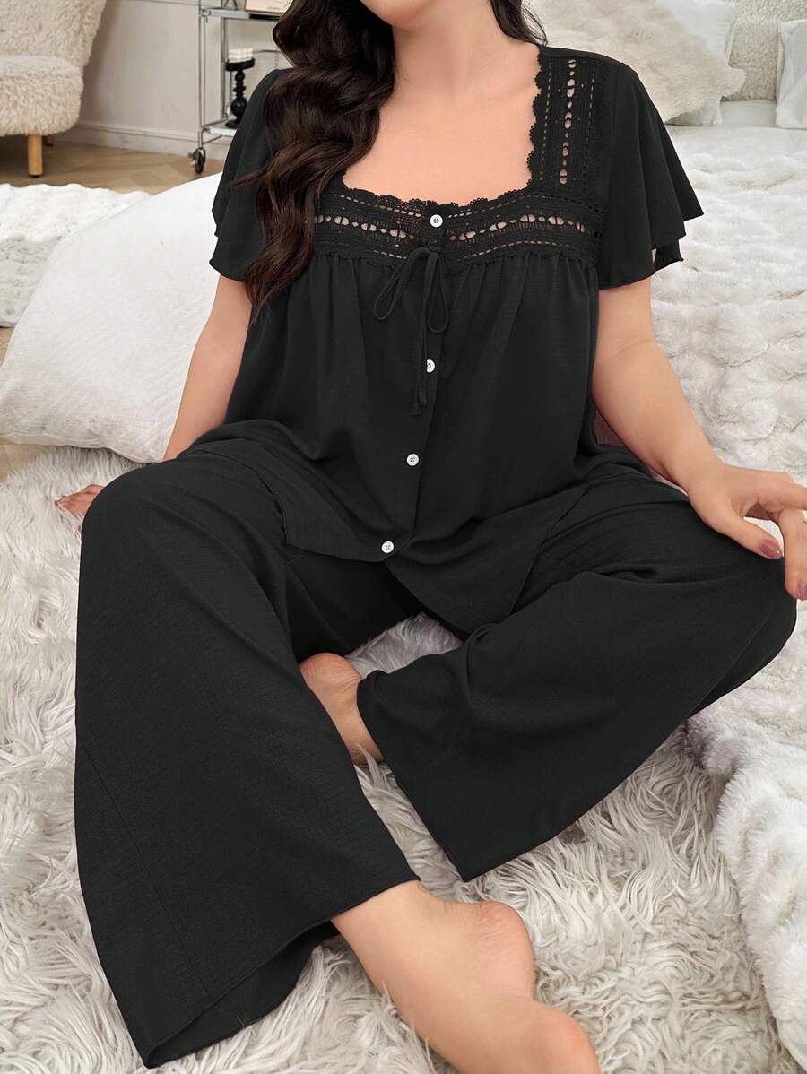 Conjunto de pijama de mujer talla grande con cuello cuadrado de encaje, manga de volantes y parches