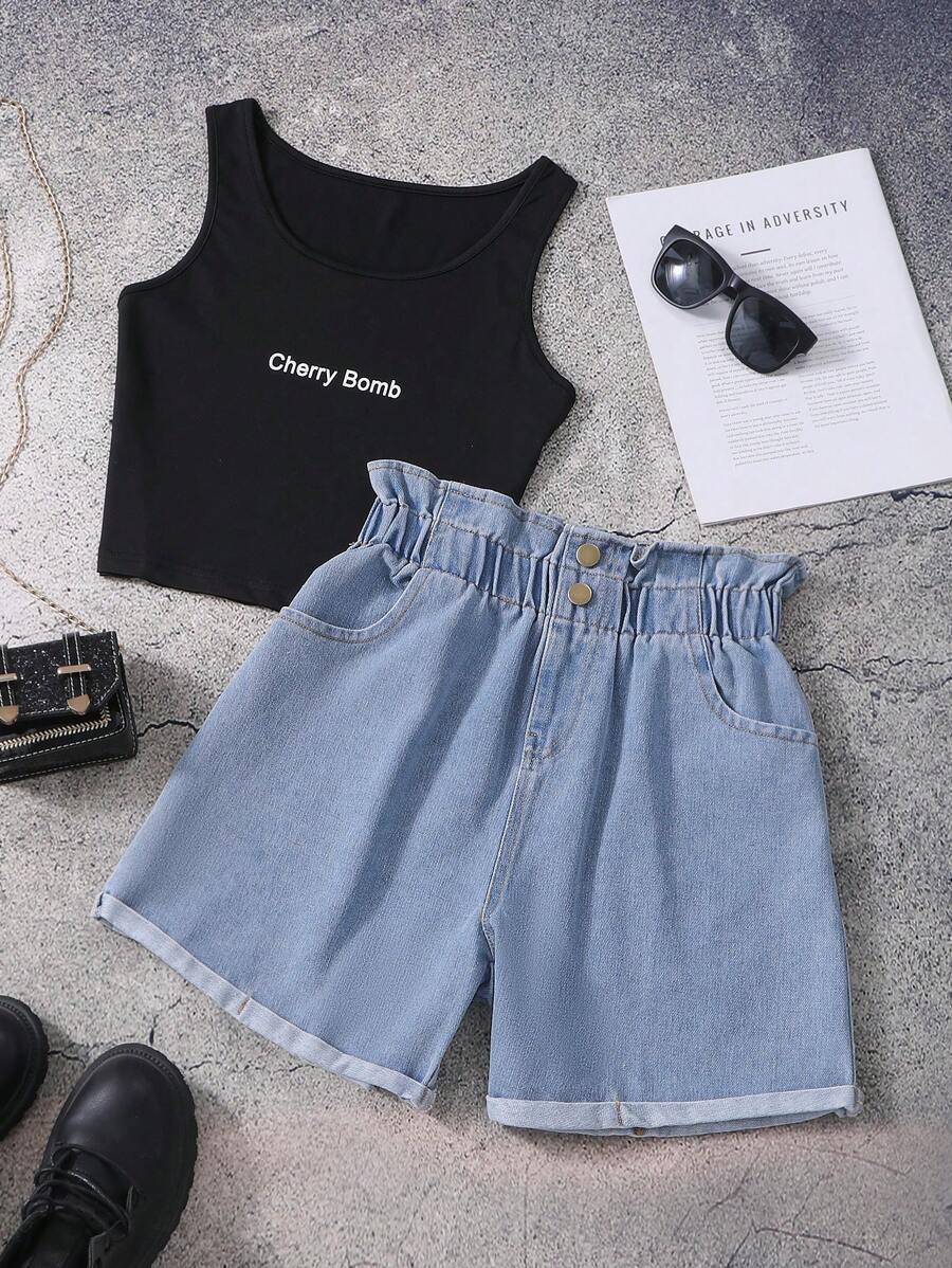 2pcs/Set Teenage Girls Cropped Camisole & Washed Denim Shorts Set, Vibrant