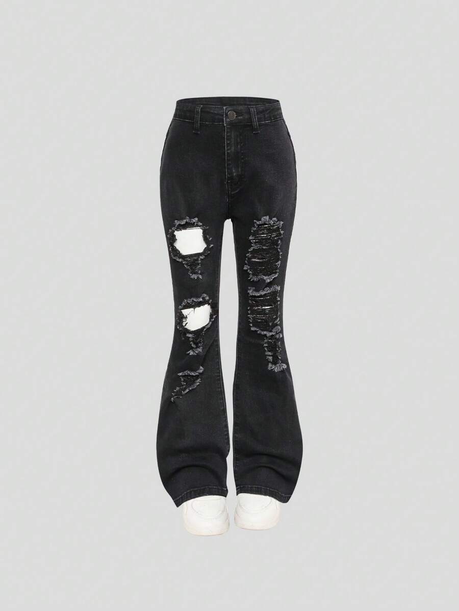 SHEIN Jeans évasés urbains bohèmes Y2K avec fermeture à boutons et chic, pour préadolescentes