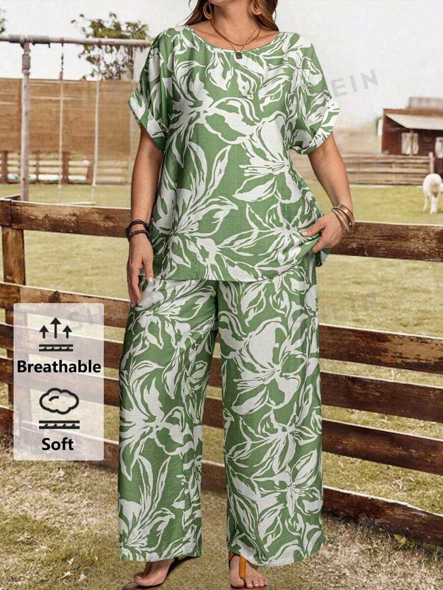 EMERY ROSE Conjunto de 2 piezas de talla grande con camisa de manga murciélago con cuello redondo y estampado floral, y pantalones con bolsillos. Ropa casual de vacaciones, ropa de verano, atuendos de vacaciones para mujer / Vacaciones, ropa bohemia para mujeres