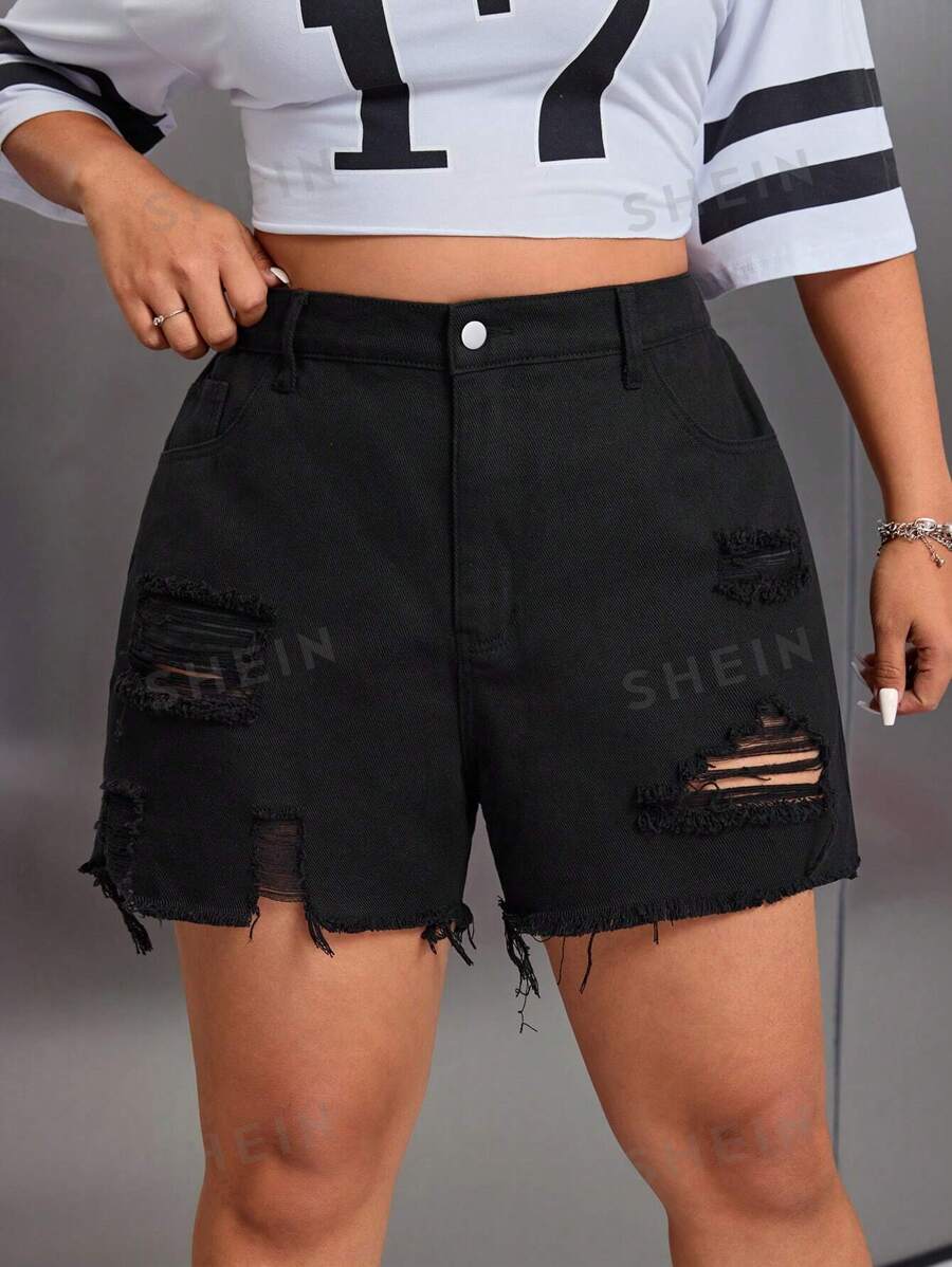 SHEIN ICON Pantalones cortos de jean informales para mujer de talla grande con bolsillos y dobladillo deshilachado