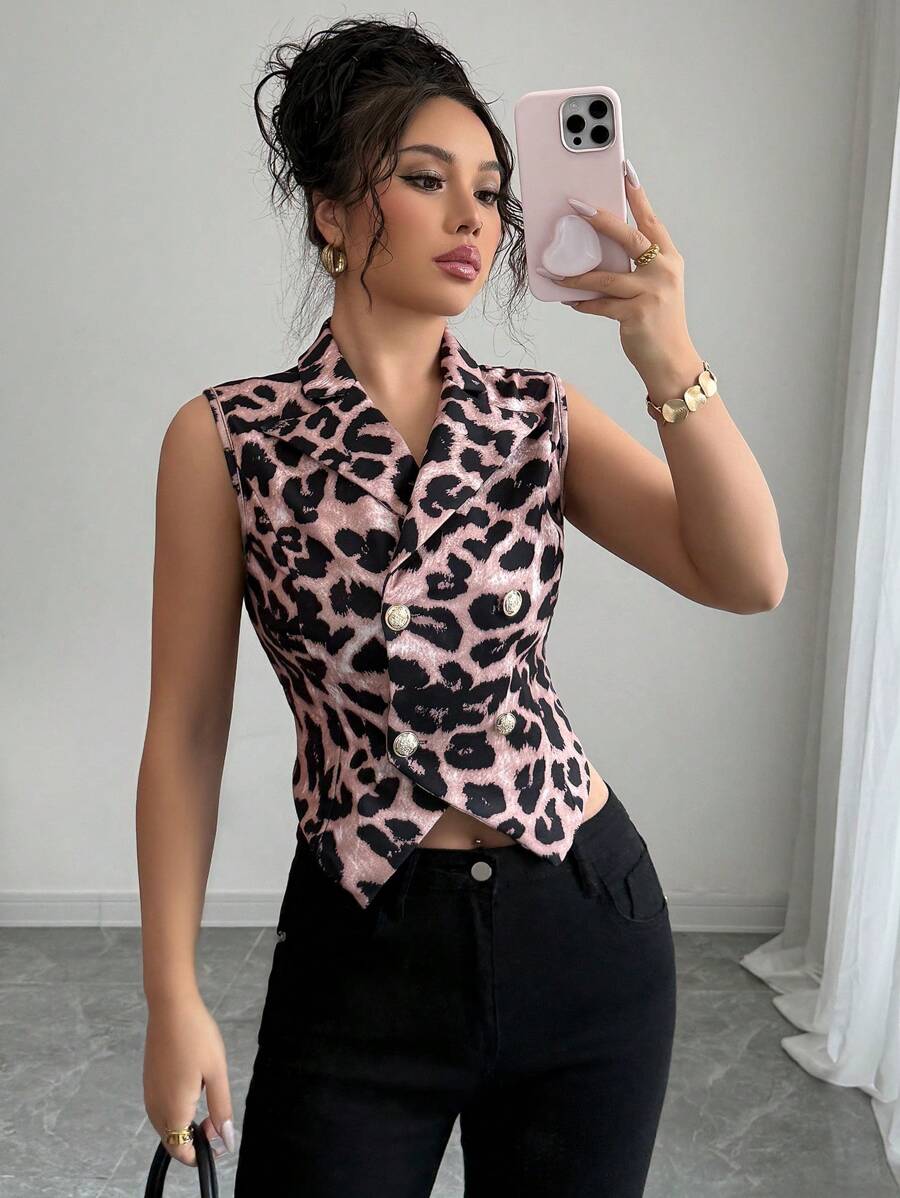 Elenzga Sleeveless Leopard Print Office Lady Blazer