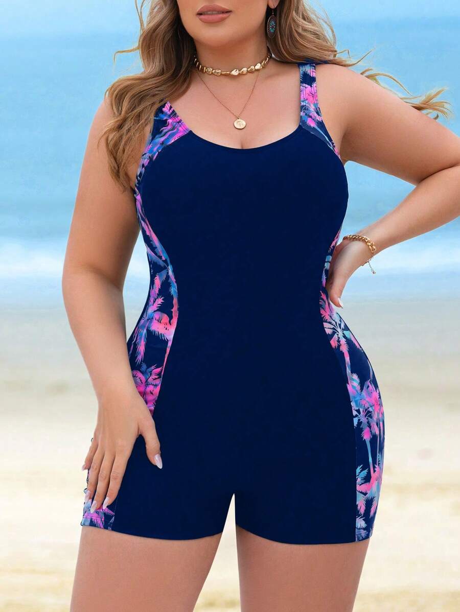 Swim Lushoire Traje de baño de una pieza con estampado de árbol de coco para tallas grandes, con diseño favorecedor de cuello halter, espalda descubierta y cintura ceñida, adecuado para vacaciones, buceo y trabajo