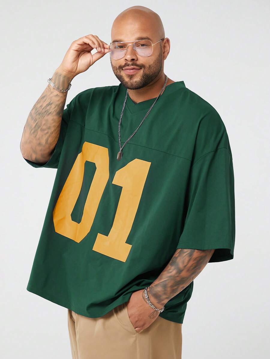 EASEVO Plus Size Men's Casual Loose Fit Letter Print V-Neck Short Sleeve T-Shirt, Suitable For Summer & Sports, School