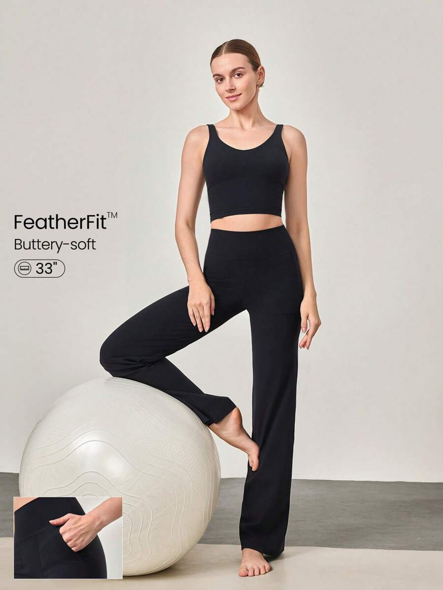 GLOWMODE 33" FeatherFit™ Wide Leg Flare Pants Leggings With Side Pockets Low Impact Yoga Pilates Studio Daily Casual Wear