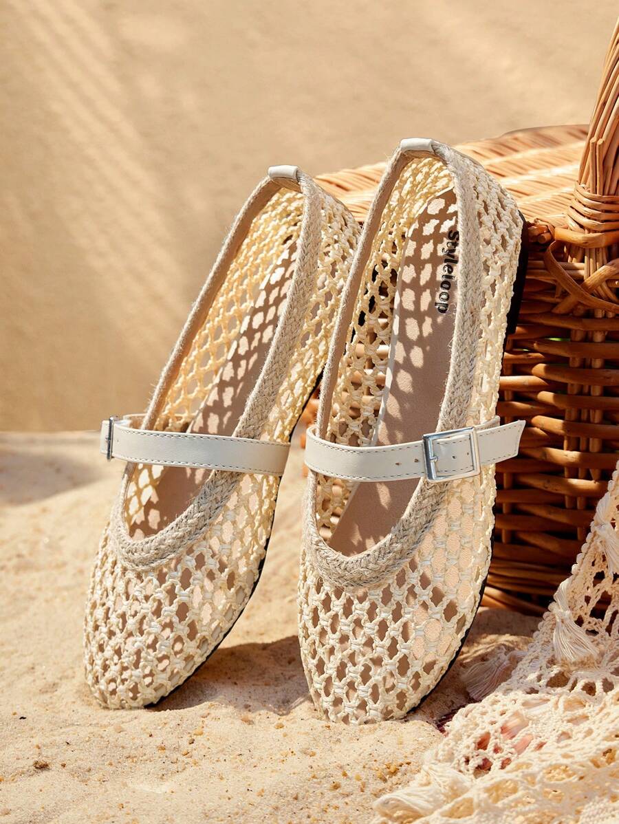 Styleloop 2025 Nuovi arrivi Scarpe piatte eleganti da donna con design intrecciato, a trama traforata, traspiranti, con cinturini decorativi e punta tonda, ideali per le vacanze