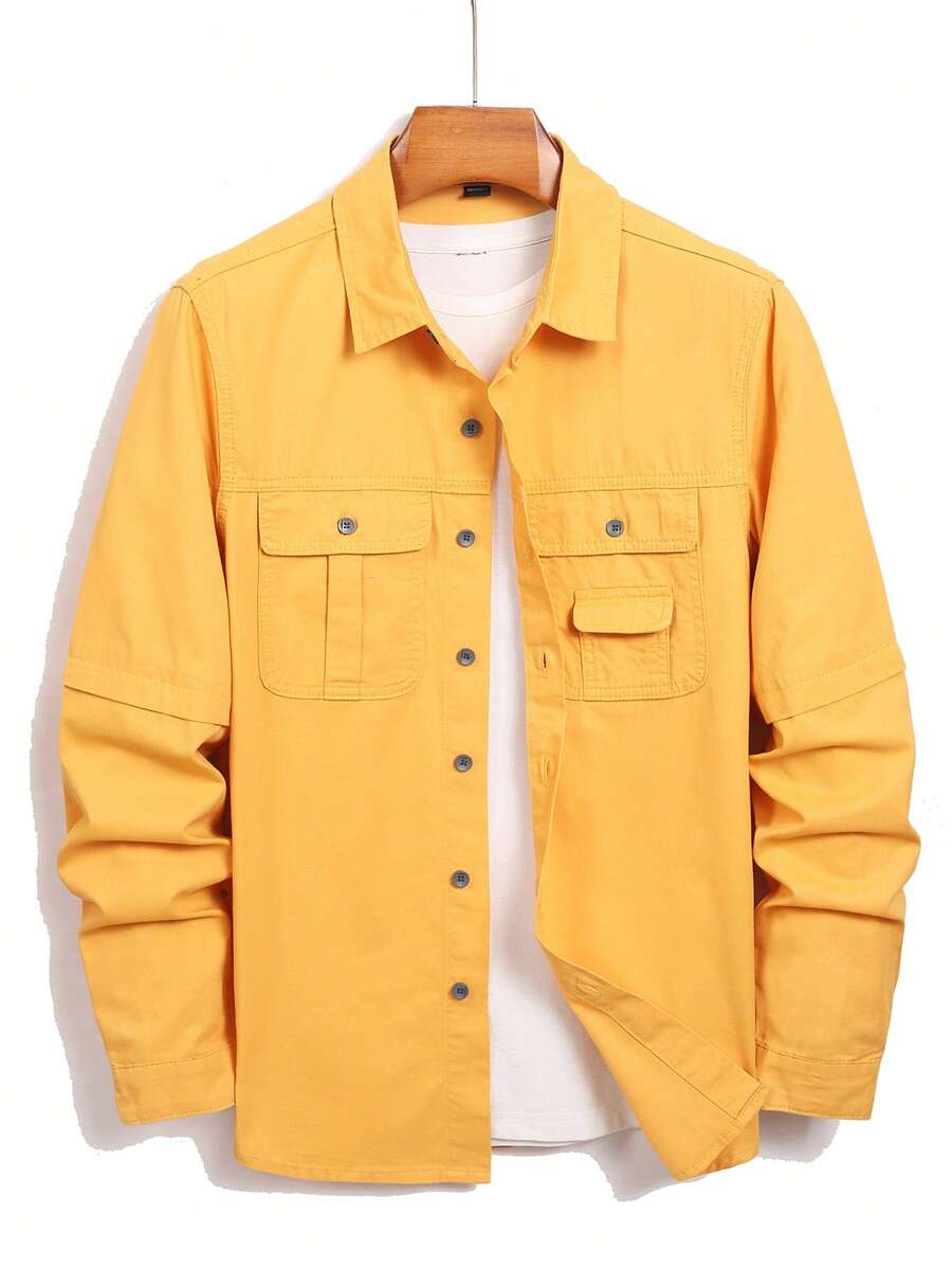Manfinity Hypemode Men's Casual Yellow Denim Shirt With Long Sleeves Chest Pockets And A Shirt Collar