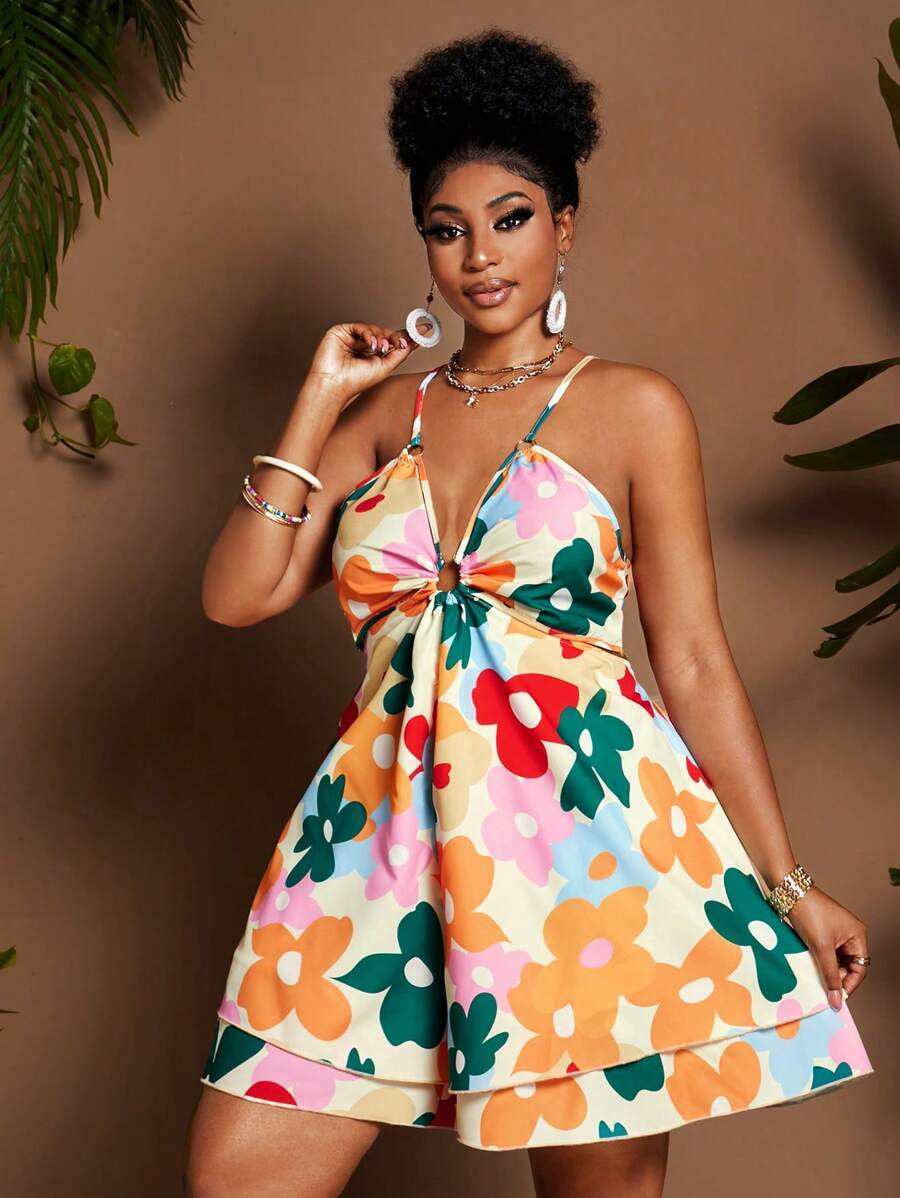 Maweii Plus Size Women's Elegant Multi-Color Printed Halter V-Neck Waist Hollow Out Backless Ruffle Wide Leg Jumpsuit, Vacation Style, Spring/Summer