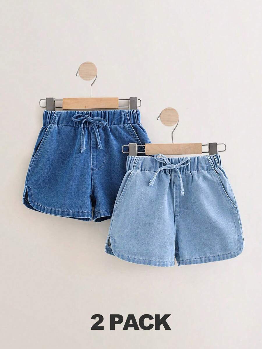 Conjunto de 2 piezas de short vaquero informal, deportivo y al aire libre para niña joven, con lavado claro y medio, detalles de cordón falso con cintura elástica, suave y básico.