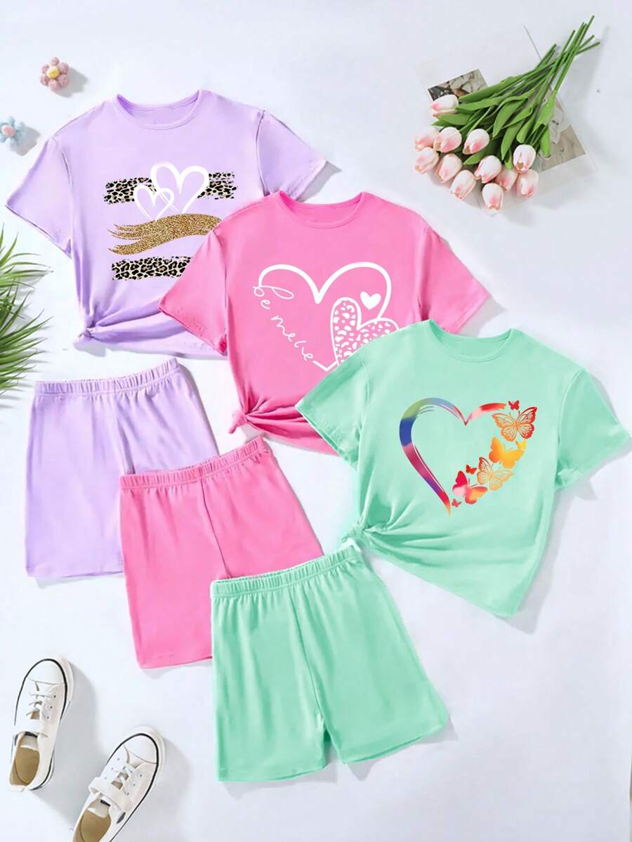 SHEIN 6pcs/Set Tween Girls' Summer Casual Leopard & Colorful Heart Pattern Short Sleeve T-Shirt + Shorts Outfit