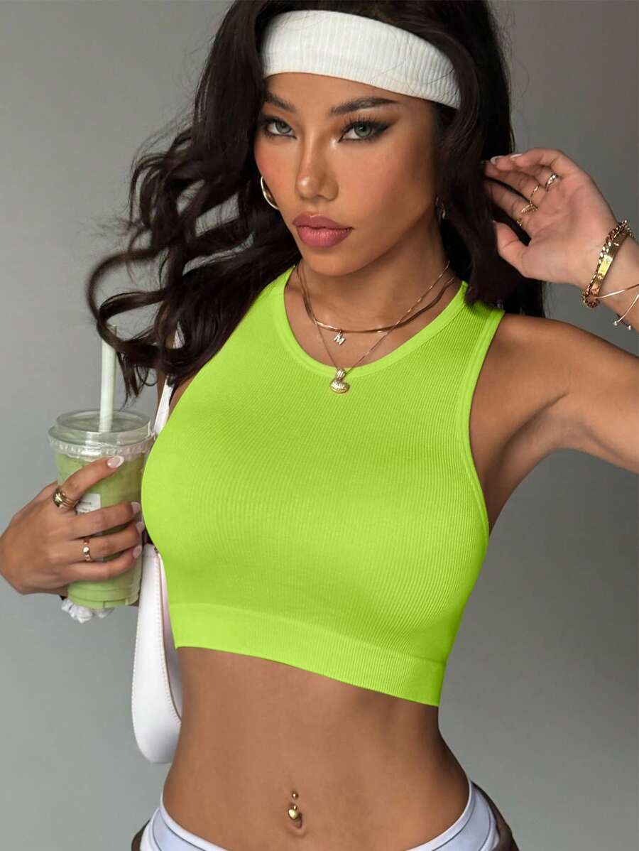 Dewbera Women Neon Green Cropped Fitness Athletic Tank Top For Everyday Workout