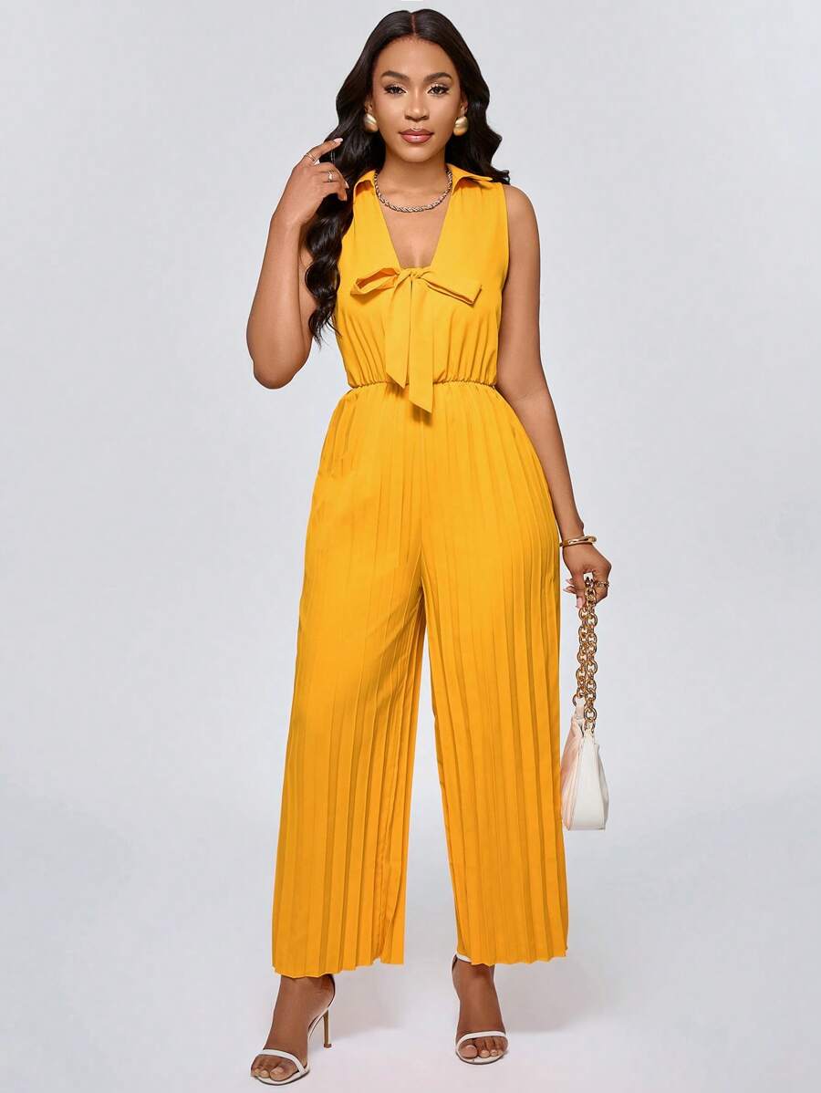 Lyxana Elegant Commuter Solid Color Bowknot Waist Pleated Jumpsuit