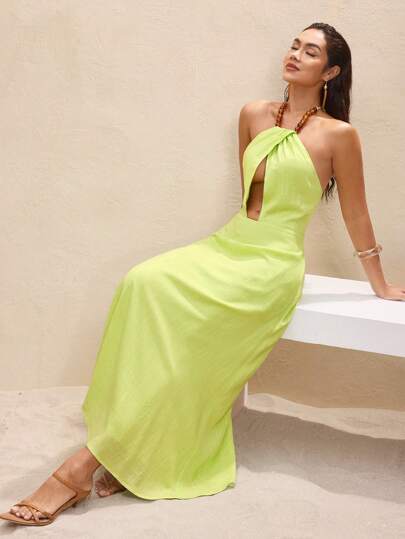 BY FELIZIA Green Linen Beads Halter Neck Cut Out Maxi Dress For Women Spring And Summer Dress Vacation Sundress
