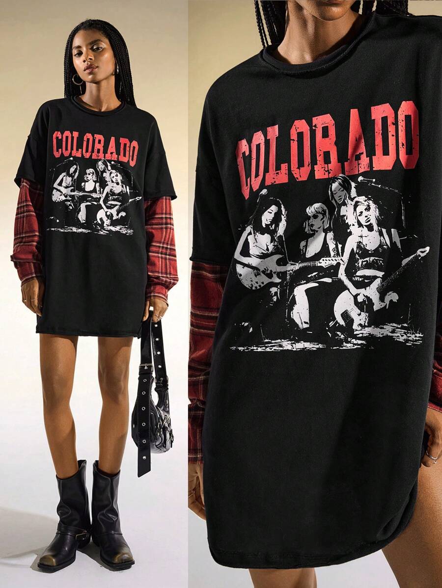 Easelle Camiseta informal de 2 piezas con estampado de figura y letra, suelta y a cuadros