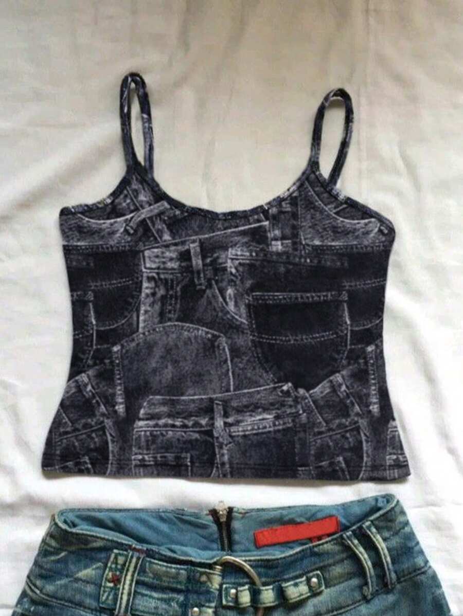 SHEIN EZwear Women's Off Shoulder Camisole Printed Slim Fit Hot Girl Top