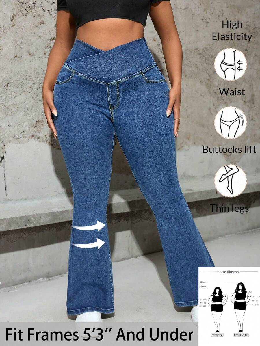 SHEIN PETITE CURVE Women Plus Size Asymmetrical Waistline Blue Denim Flare Jeans Summer Vacation Outfits Woman 90s Clothes Spring Outfits For Women Y2k Clothes Cowgirl Outfits For Women Rave Spring Break Outfits Going Out Outfits Streetwear 2000s Style Concert Outfits Old Money Vegas Night Outfit Festival Outfits For Women Rave Outfits Festival Easter Women Birthday Outfits For Women