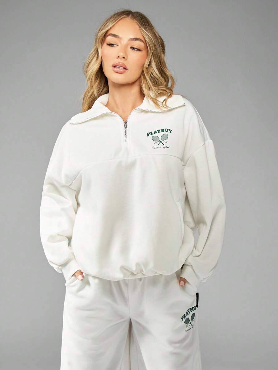 Missguided x Playboy Tennis Club Half-Zip Sweatshirt Retro Sport Casual Athleisure Preppy Stijl Comfortabele Loungewear Lente Herfst Streetwear