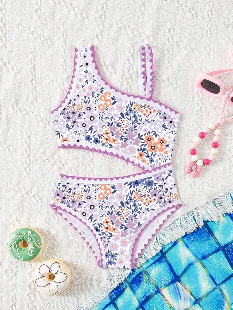 Traje de baño una pieza con estampado floral ditsy lindo para niñas jóvenes