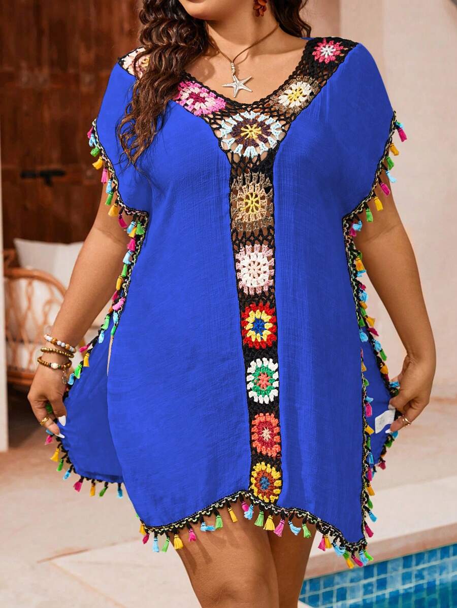 SHEIN Swim Curve Vestido tipo kaftan de gasa con parches florales, recortes y volantes en el bajo para mujer de talla grande