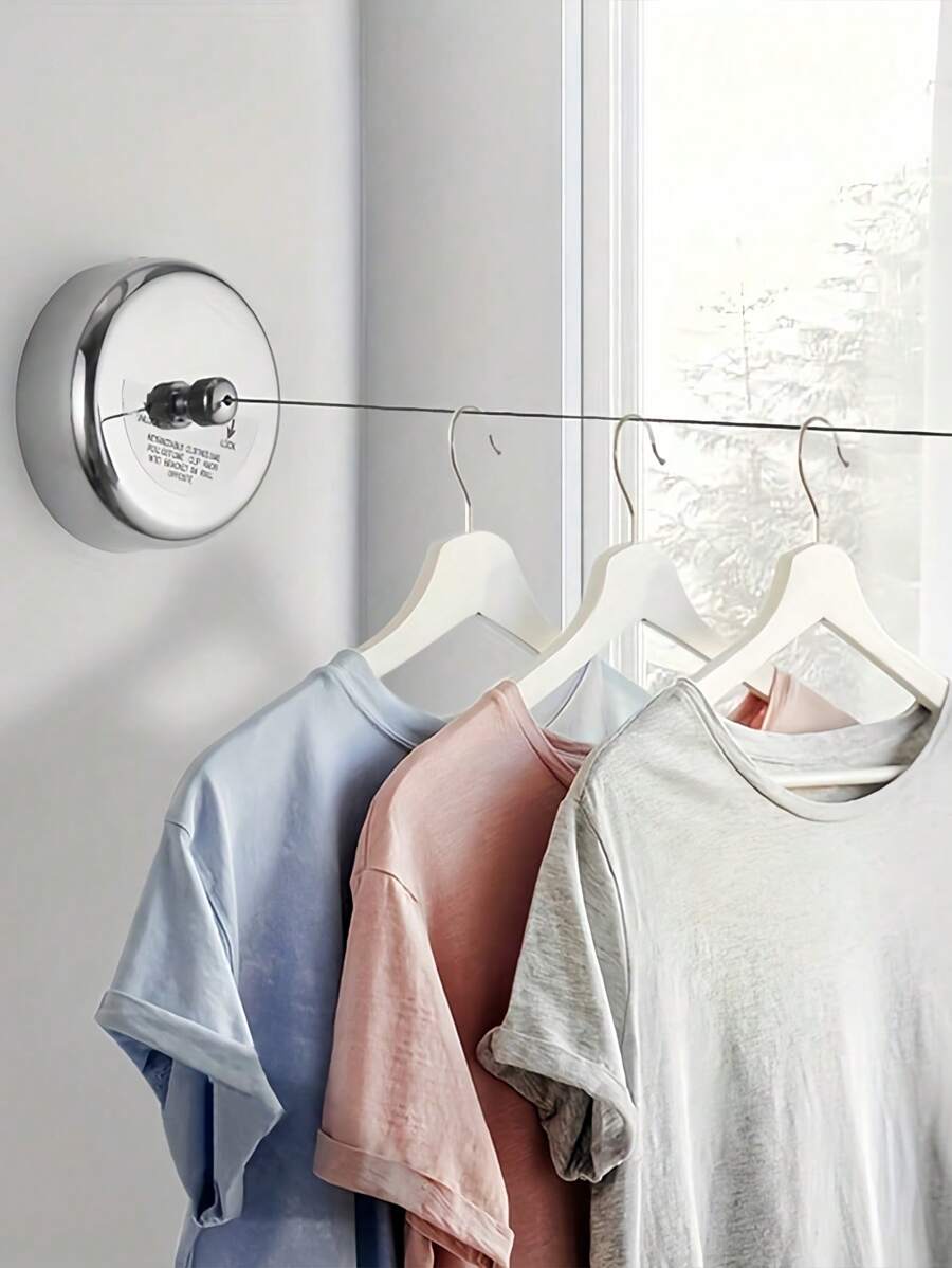 SHEIN 1pc Stainless Steel Retractable Clothesline, Invisible Clothes Line For Indoor/Outdoor Drying And Hanging Dress Pants Shoes Jeans Boots Skirt,Spring,Minimalist,Summer Tops