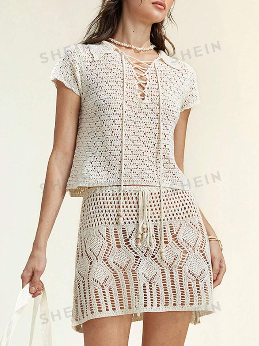 SHEIN Unity Set de 2 suéteres informales de mujer con decoración de perlas huecas y cordones