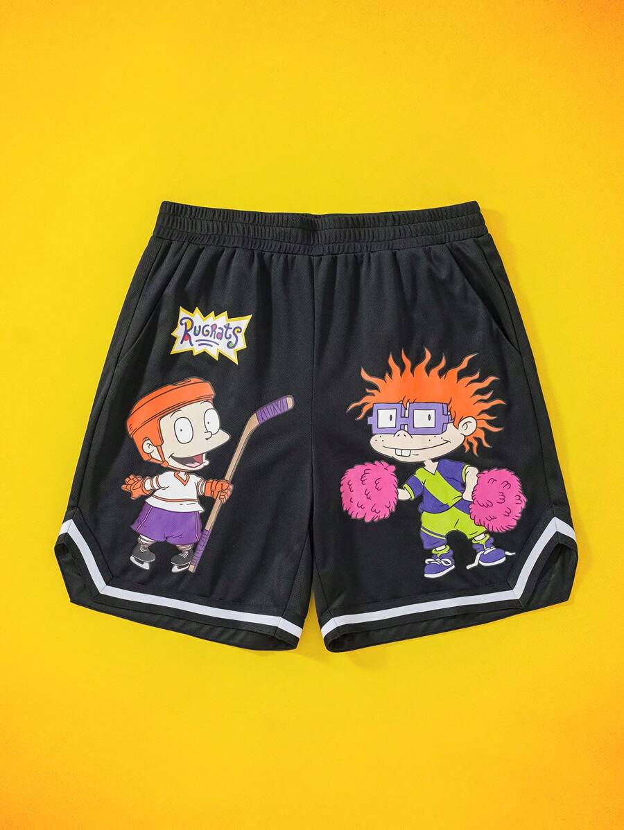 Nick 90s X SHEIN Heren Casual Losse Gebreide Cartoon Figuur Grafische Zwarte Shorts, Voor Basketbal