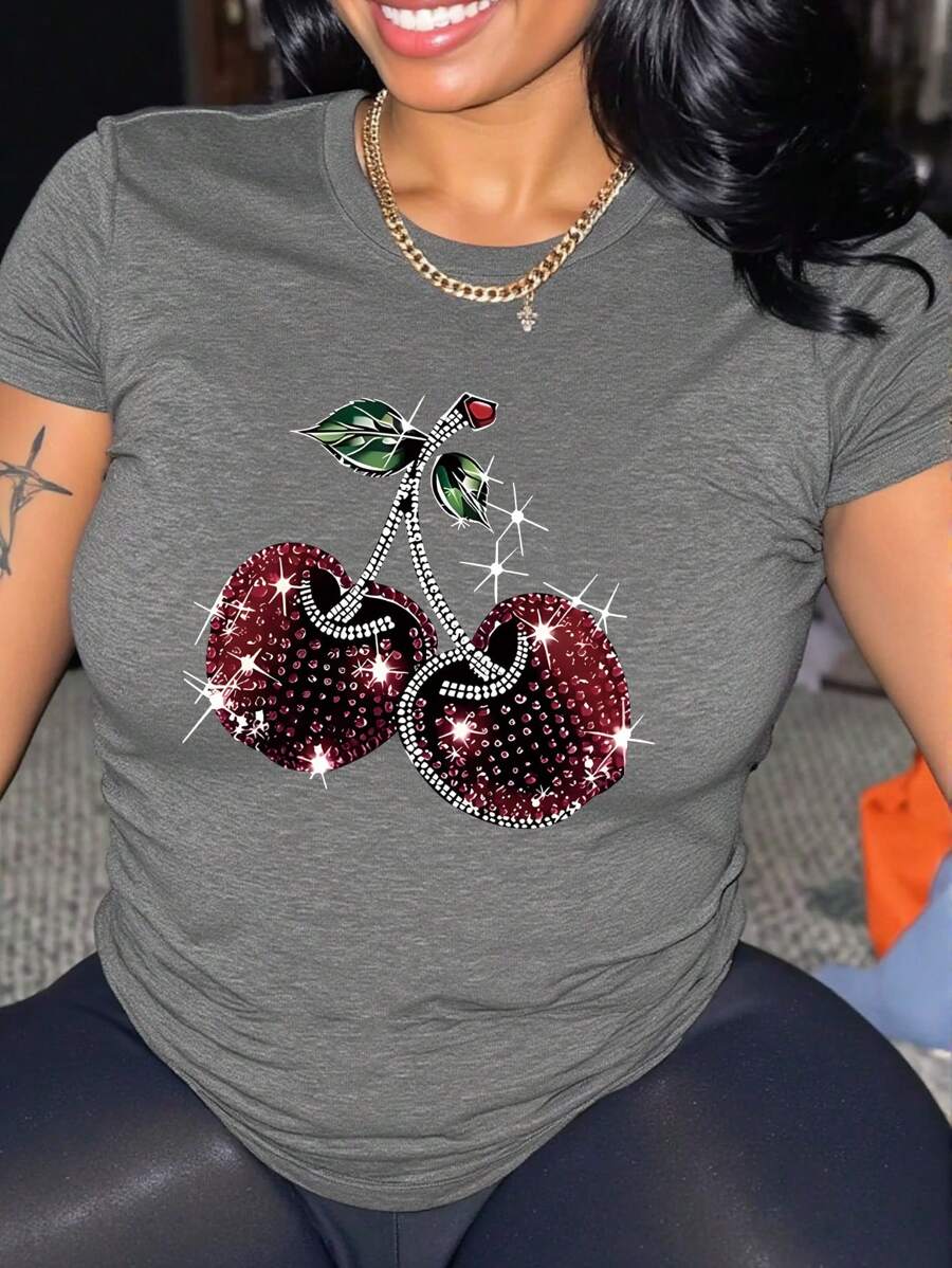 INAWLY Women's Comfortable Cherry Print Crew Neck T-Shirt, Black, Suitable For Festive Parties, Spring/Summer Style