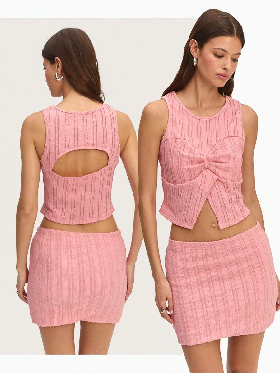 Nöista Conjunto de top y minifalda de color rosa pastel para el verano, con diseño de costura en el pecho y nudo frontal con pequeña abertura. Perfecto para el verano, eventos nupciales o de Pascua